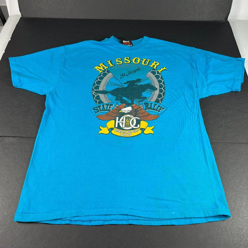 VTG 90s Harley Davidson Shirt Large Blue Missouri State Rally Single Stitch Tee